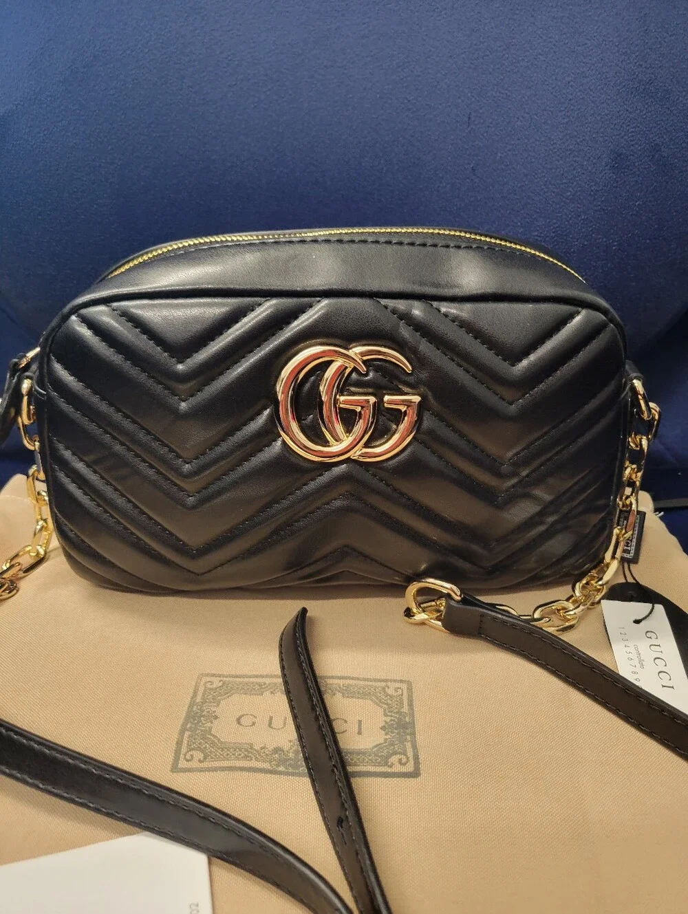 Black Chevron Matelassé Leather Crossbody with Gold Double G